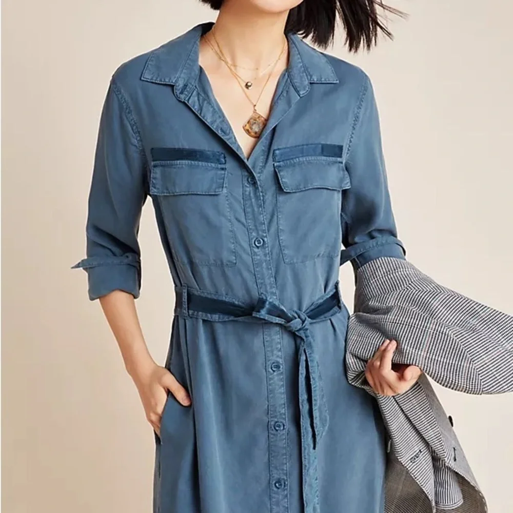 Anthropologie Cloth & Stone chambray utility shirt dress denim tie waist small - Picture 1 of 11